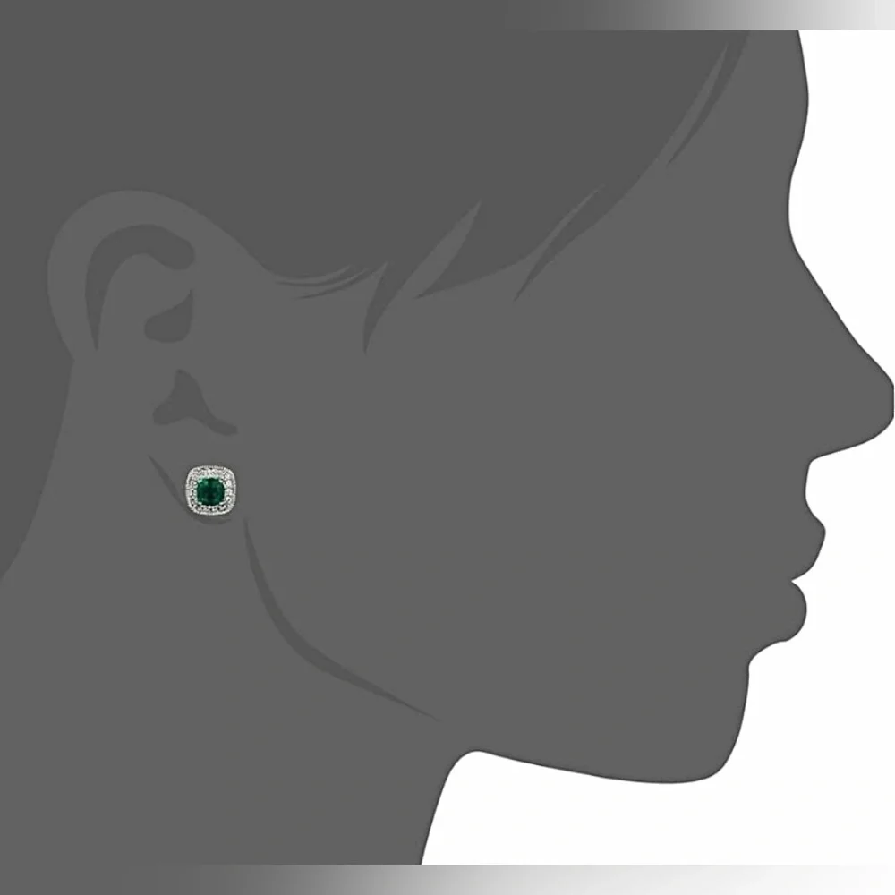 Emerald Green Cushion Halo Stud Earrings - Picture 3 of 4